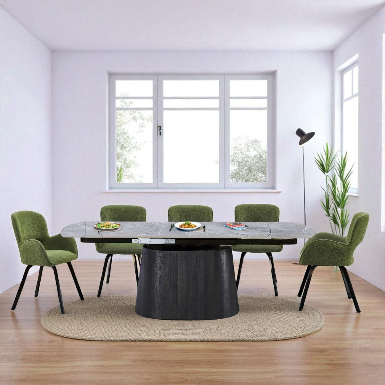 BELLUNO TWIST GREY AND 6 BRUTAS CHAIRS GREEN DINING SET