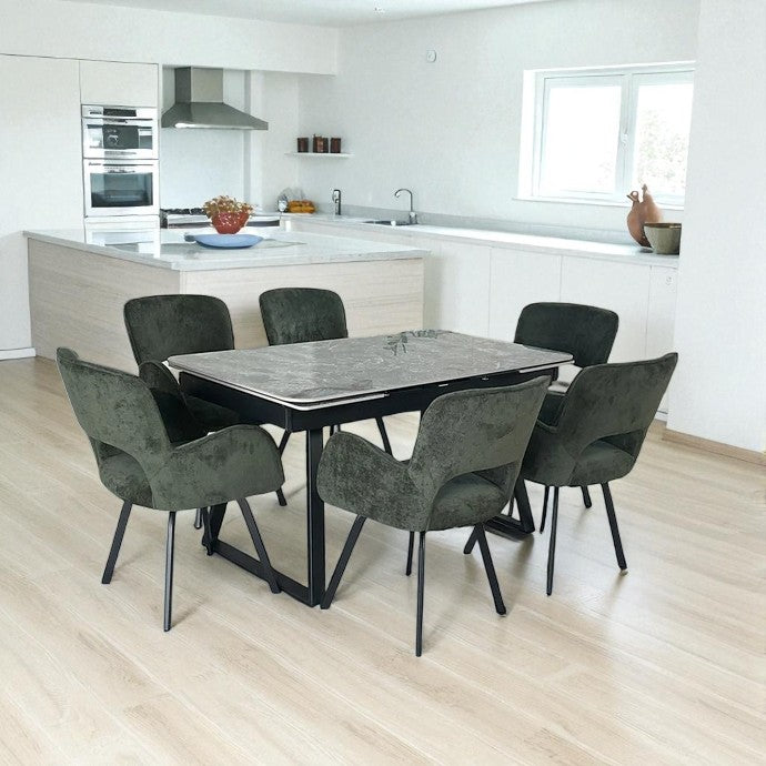 VICENZA DINING TABLE SET GREEN WITH 6 BRUTAS 360 AUTO SPIN CHAIRS GREEN