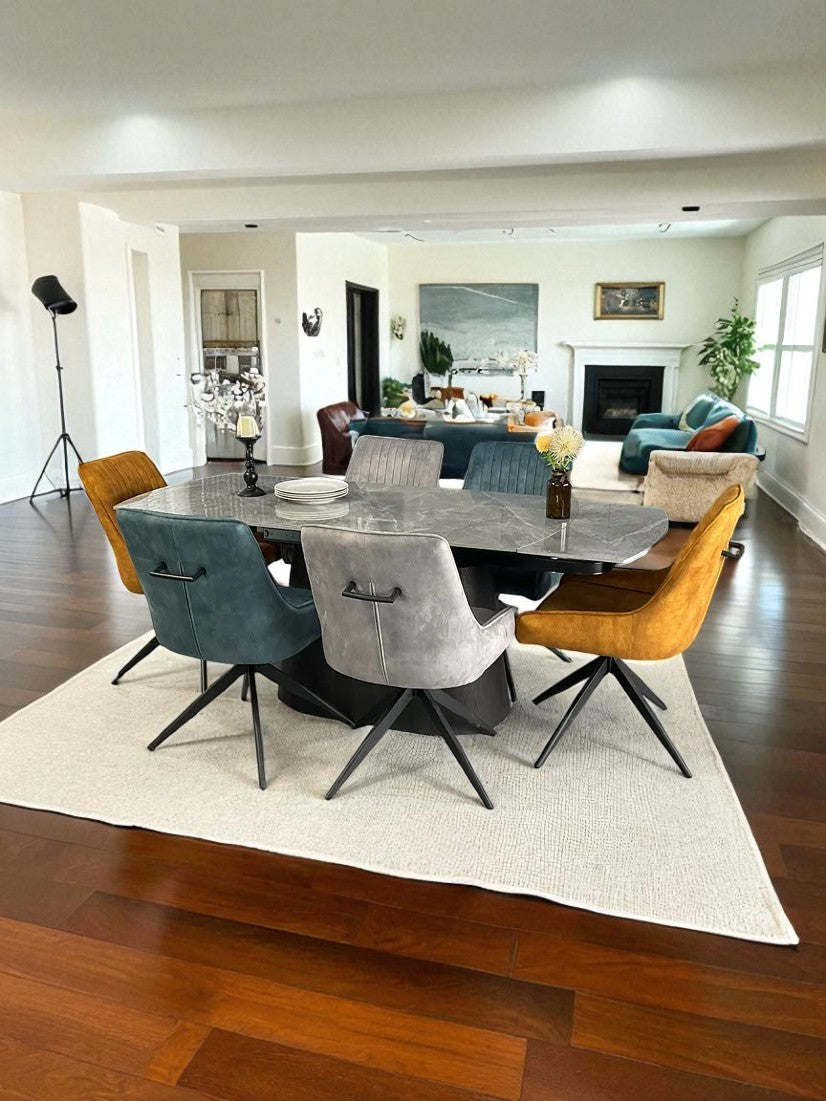 BELLUNO TWIST WOOD GREY WITH 6  RUSSELL MIXED COLOUR CHAIRS DINING SET