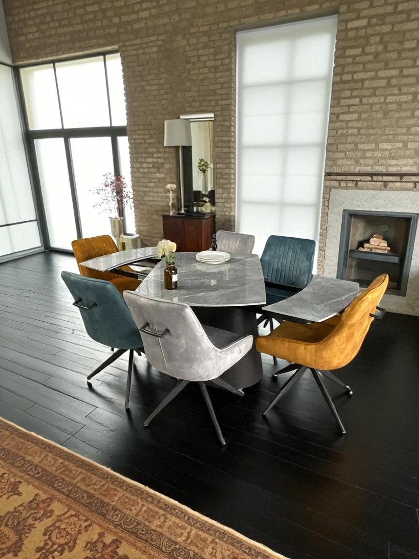 BELLUNO TWIST WOOD GREY WITH 6  RUSSELL MIXED COLOUR CHAIRS DINING SET