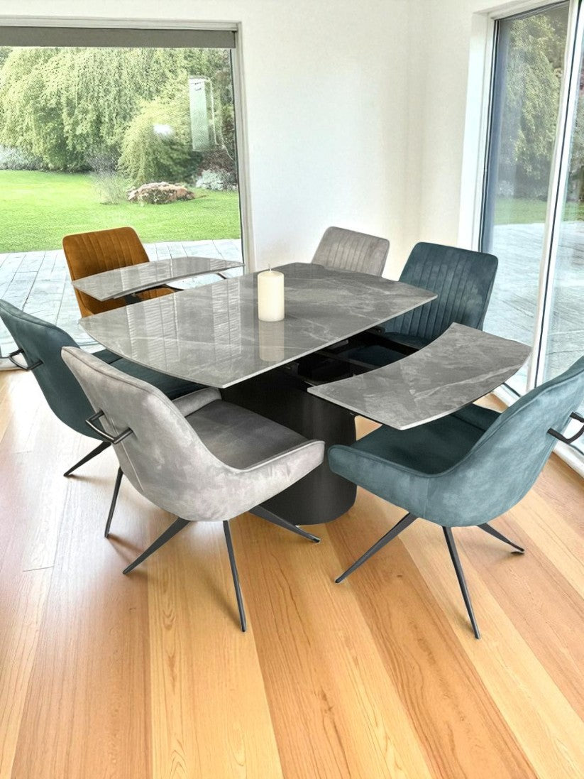 BELLUNO TWIST WOOD GREY WITH 6  RUSSELL MIXED COLOUR CHAIRS DINING SET