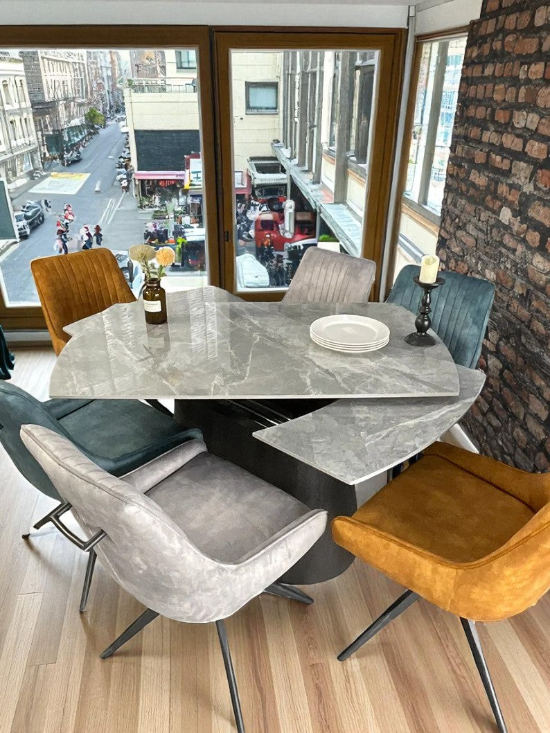 BELLUNO TWIST WOOD GREY WITH 6  RUSSELL MIXED COLOUR CHAIRS DINING SET