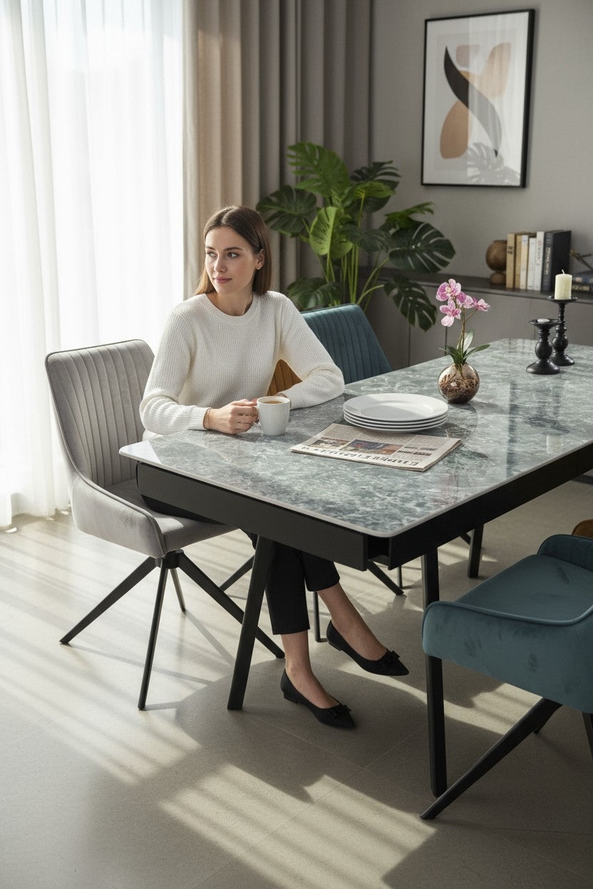 SORRENTO GREEN WITH 6 RUSSELL MIXED COLOURS CHAIRS DINING SET