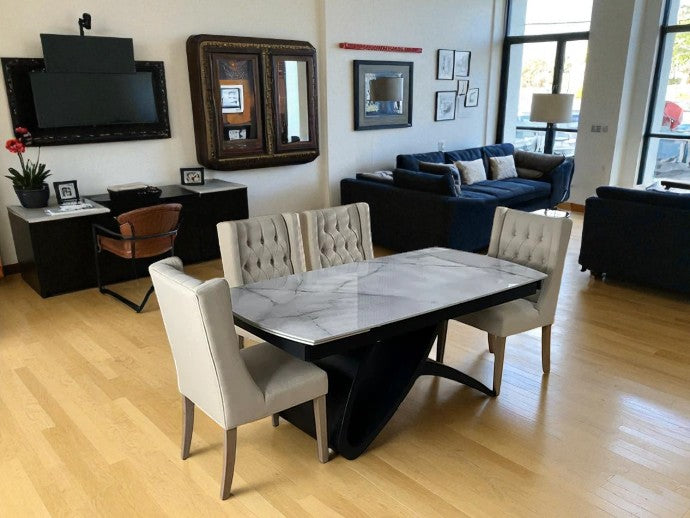 AURELIA WITH INFINITY LEGS GREY WITH  6 BALBOA WHITE CHAIRS DINING SET