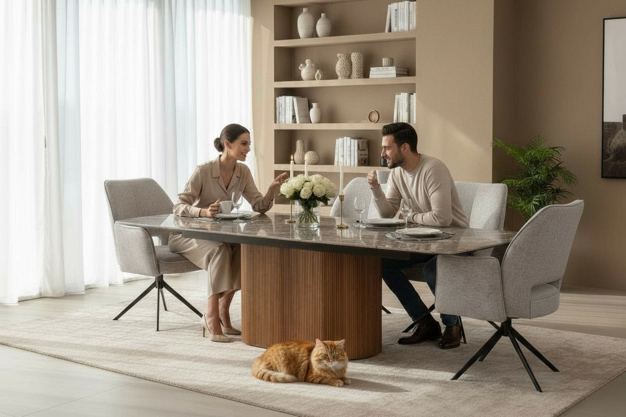 AURELIA WITH PEDISTAL LEGS & 6 VENEZIA GREY CHAIRS DINING SET