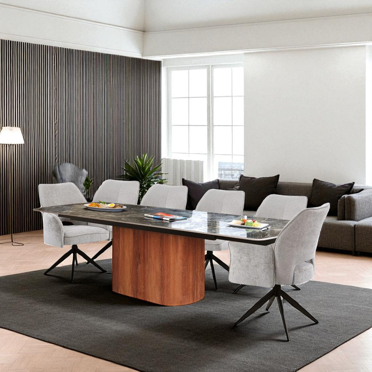 AURELIA WITH PEDISTAL LEGS & 6 VENEZIA GREY CHAIRS DINING SET