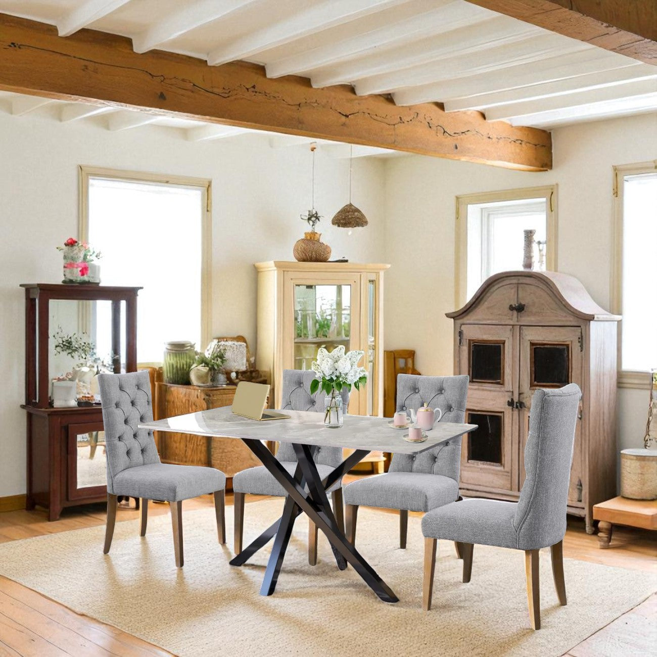 AREZZO GREEN WITH 4 ANDREA LIGHT GREY CHAIRS DINING SET