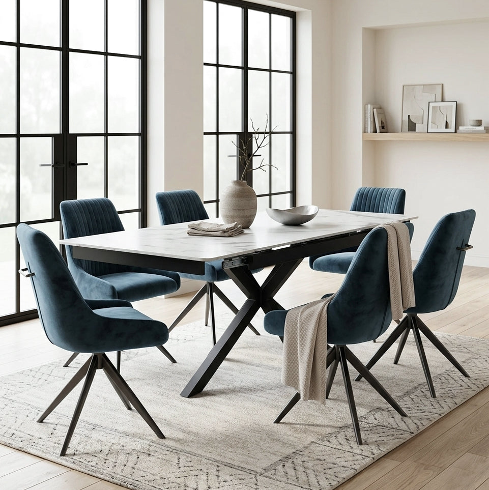 DS-13 .SAVONA WHITE MARBLE EXTENDABLE TABLE  WITH 6 RUSSEL BLUE SWIVEL