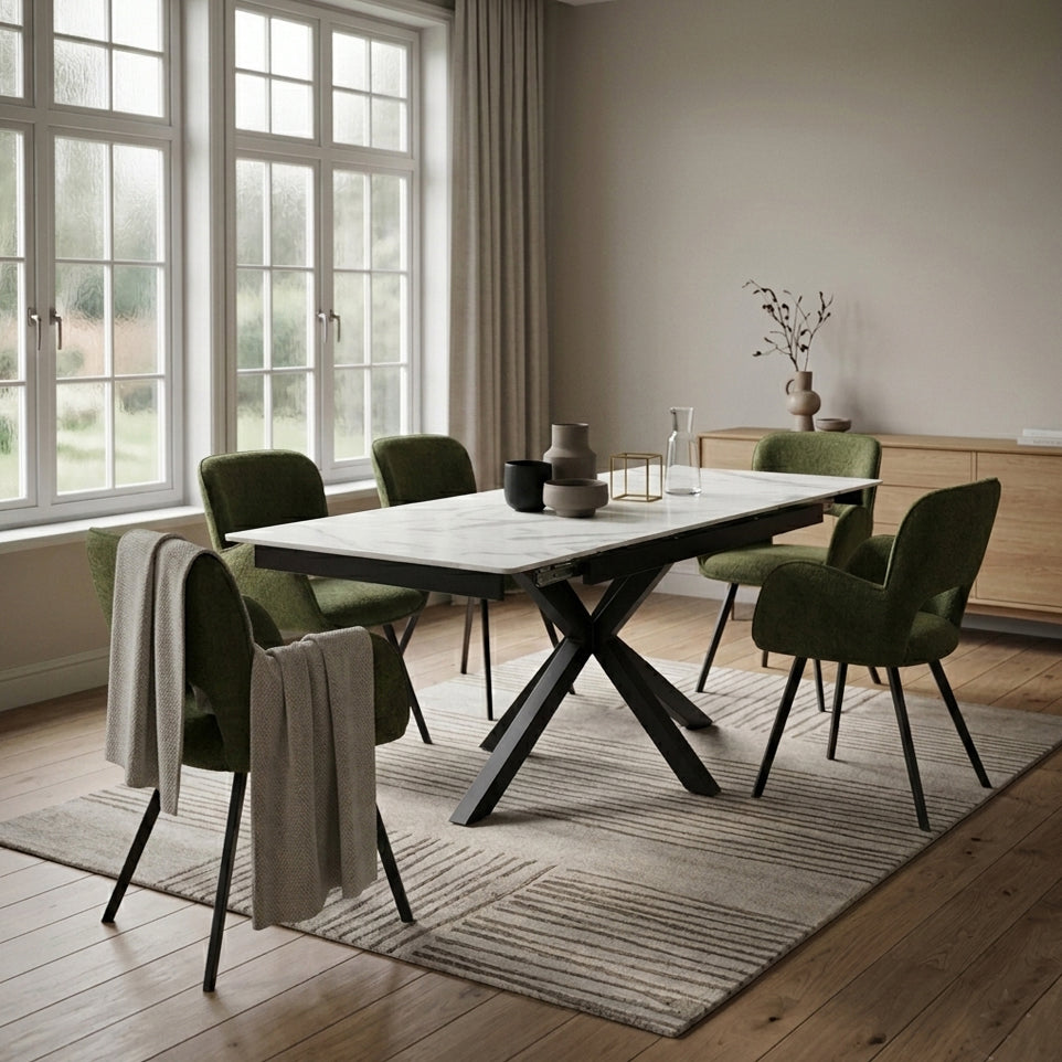 DS-14 .SAVONA WHITE MARBLE EXTENDABLE TABLE  WITH 6 BRUTAS GREEN