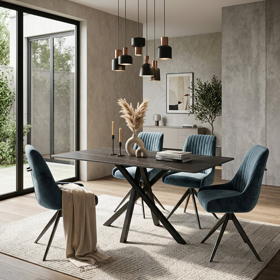 DS-9 .AREZZO GREY WITH 4 RUSSEL BLUE CHAIRS DINING SET