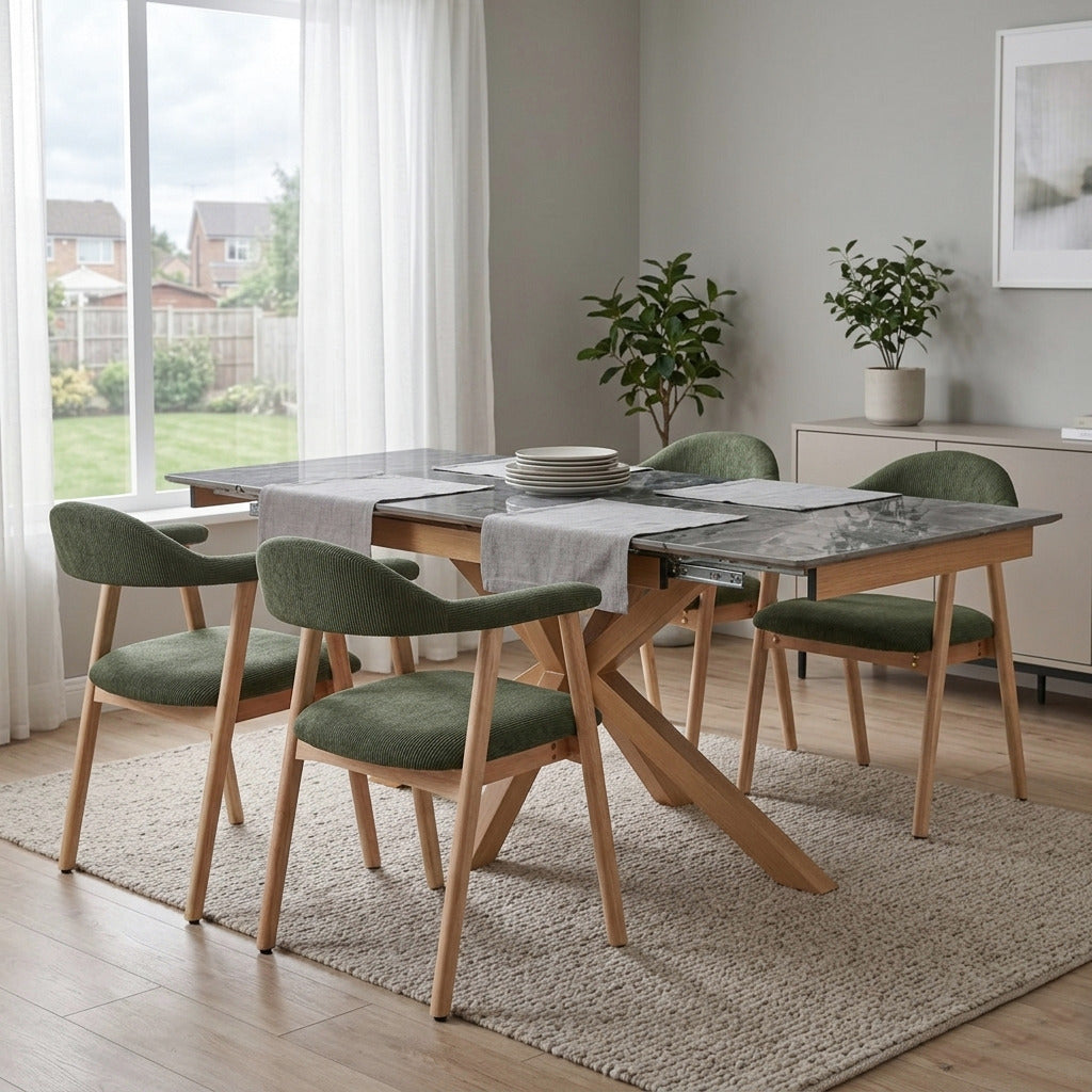 DS-39 .SAVONA BEECH WITH 6 TORINO GREEN CHAIRS DINING SET