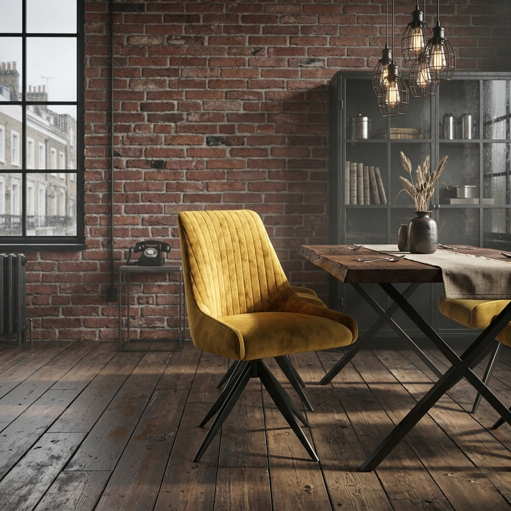 DS-3 .BELLUNO TWIST WHITE TABLE WITH 6 RUSSEL MUSTARD CHAIR