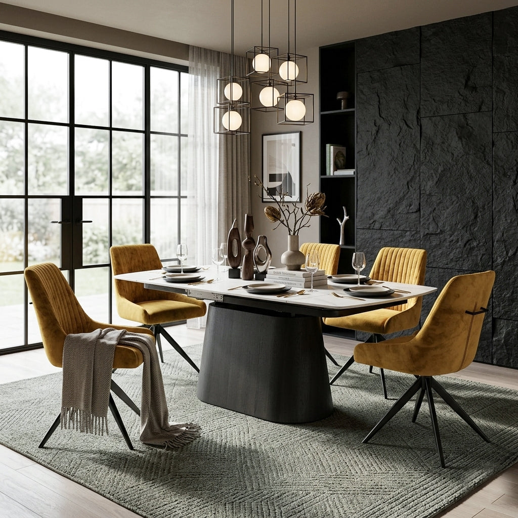 DS-3 .BELLUNO TWIST WHITE TABLE WITH 6 RUSSEL MUSTARD CHAIR