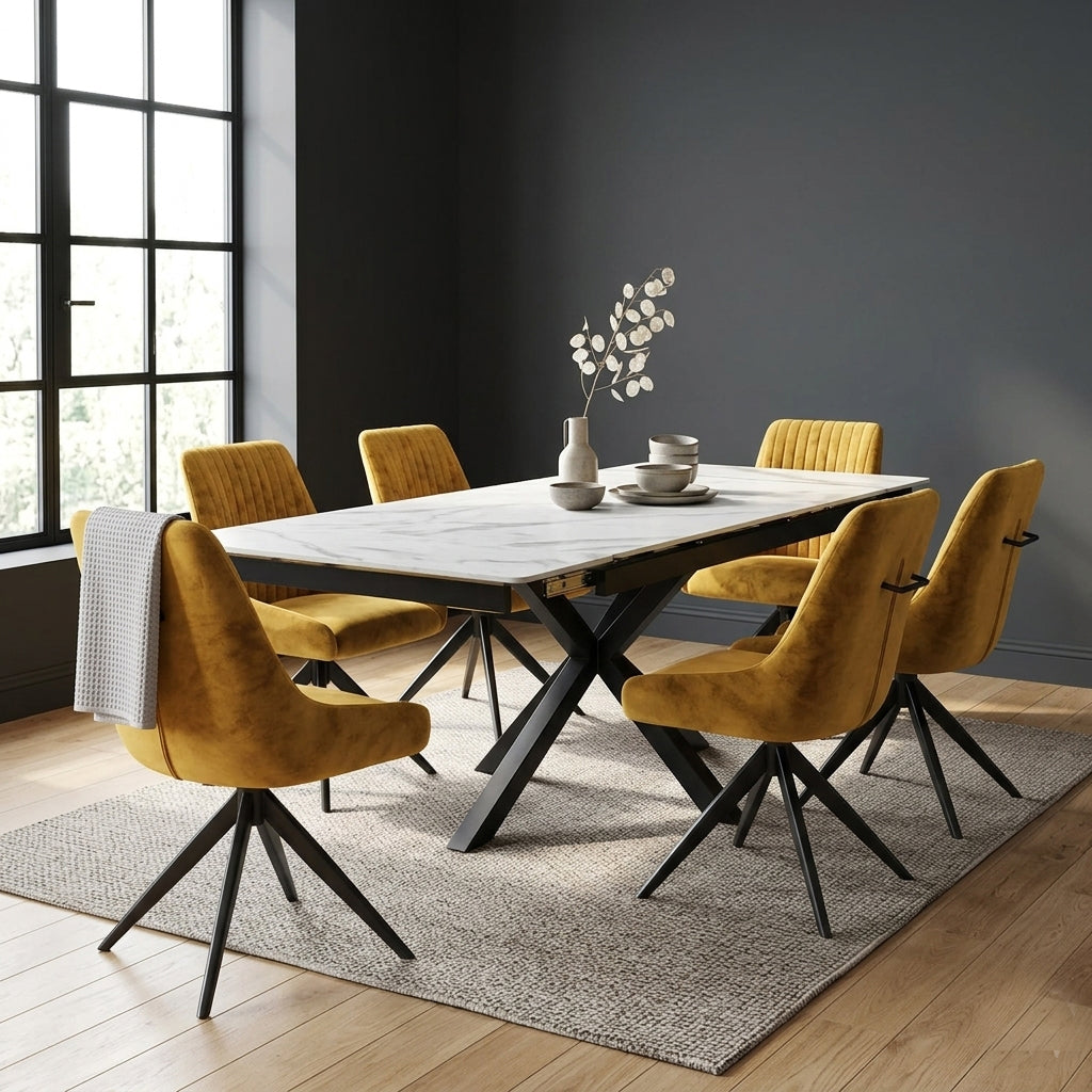 DS-11 .SAVONA WHITE MARBLE EXTENDABLE TABLE  WITH 6 RUSSEL MUSTARD  SWIVEL