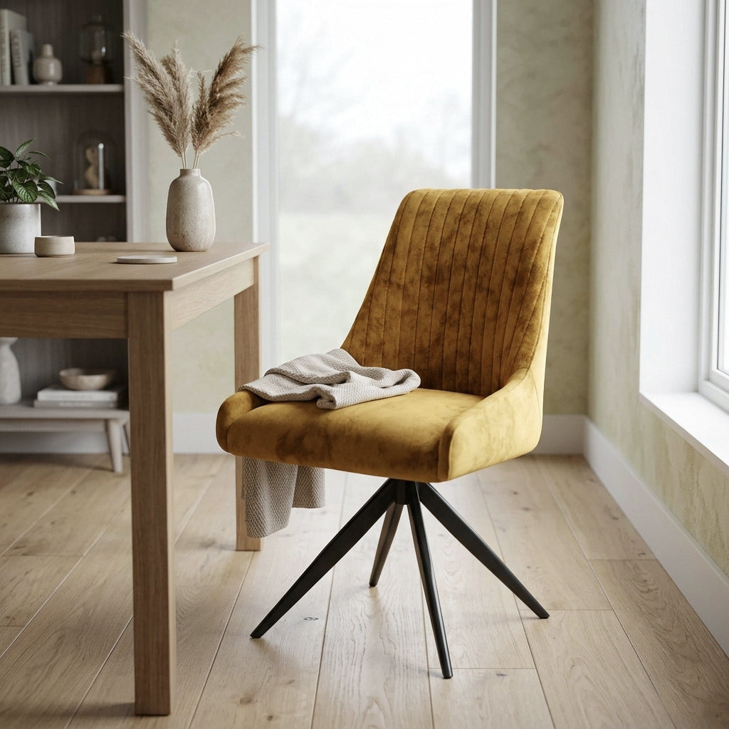DS-3 .BELLUNO TWIST WHITE TABLE WITH 6 RUSSEL MUSTARD CHAIR