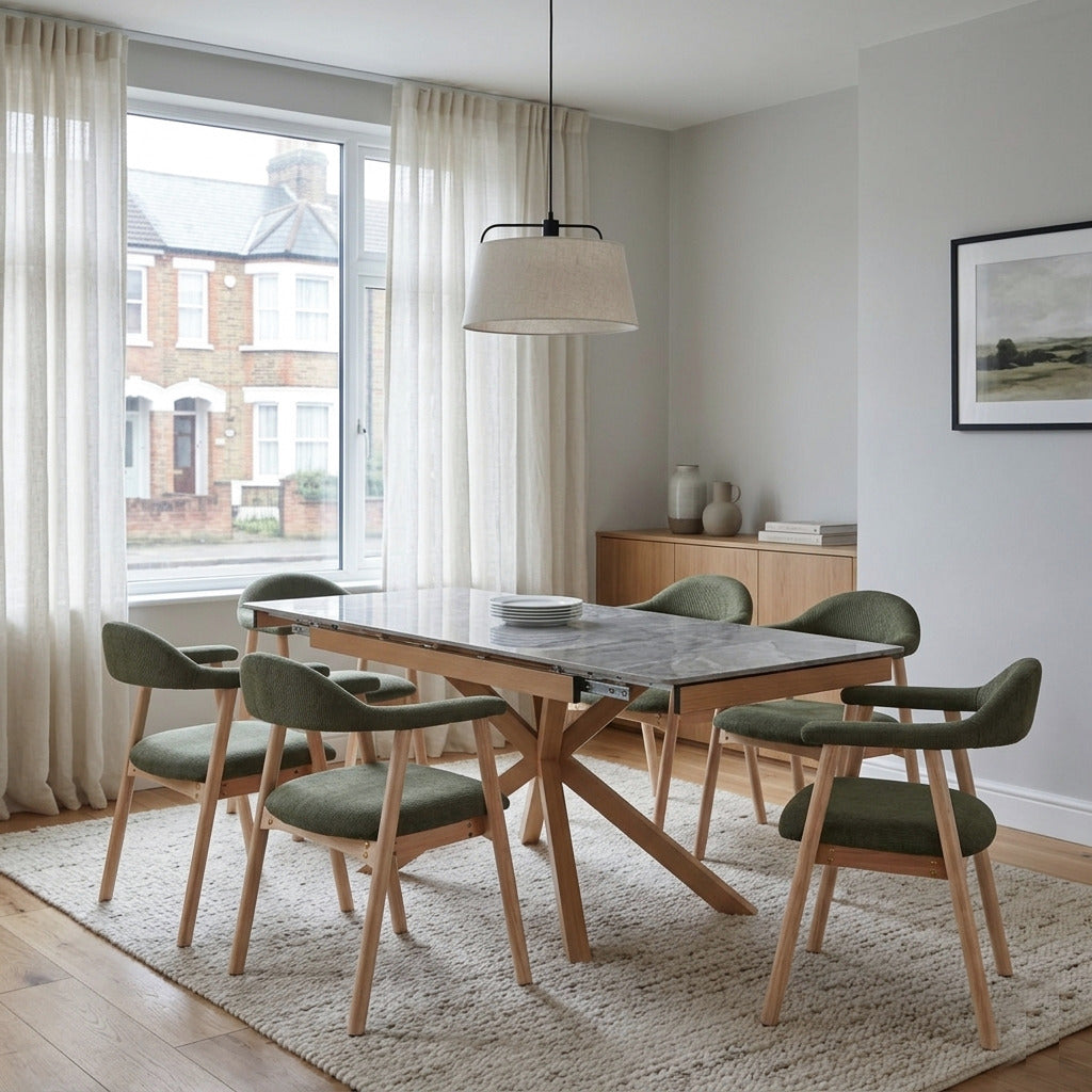 DS-39 .SAVONA BEECH WITH 6 TORINO GREEN CHAIRS DINING SET