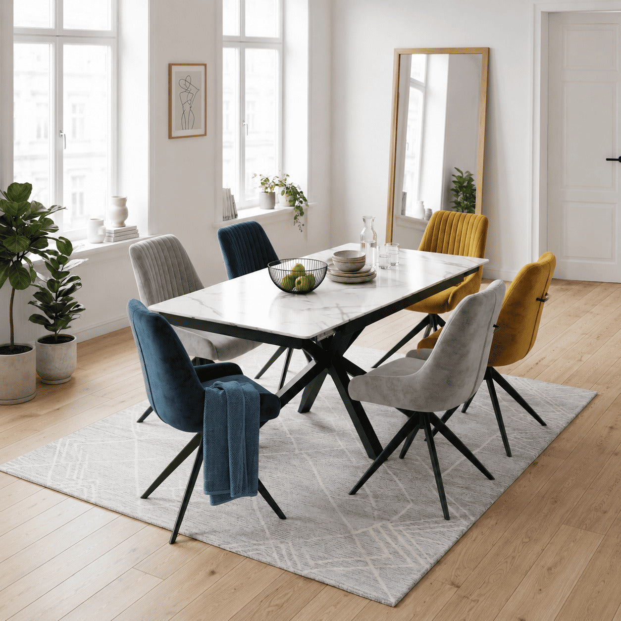 DS-10 .SAVONA WHITE MARBLE EXTENDABLE TABLE  WITH  RUSSEL BLUE , GREY, MUSTARD  SWIVEL