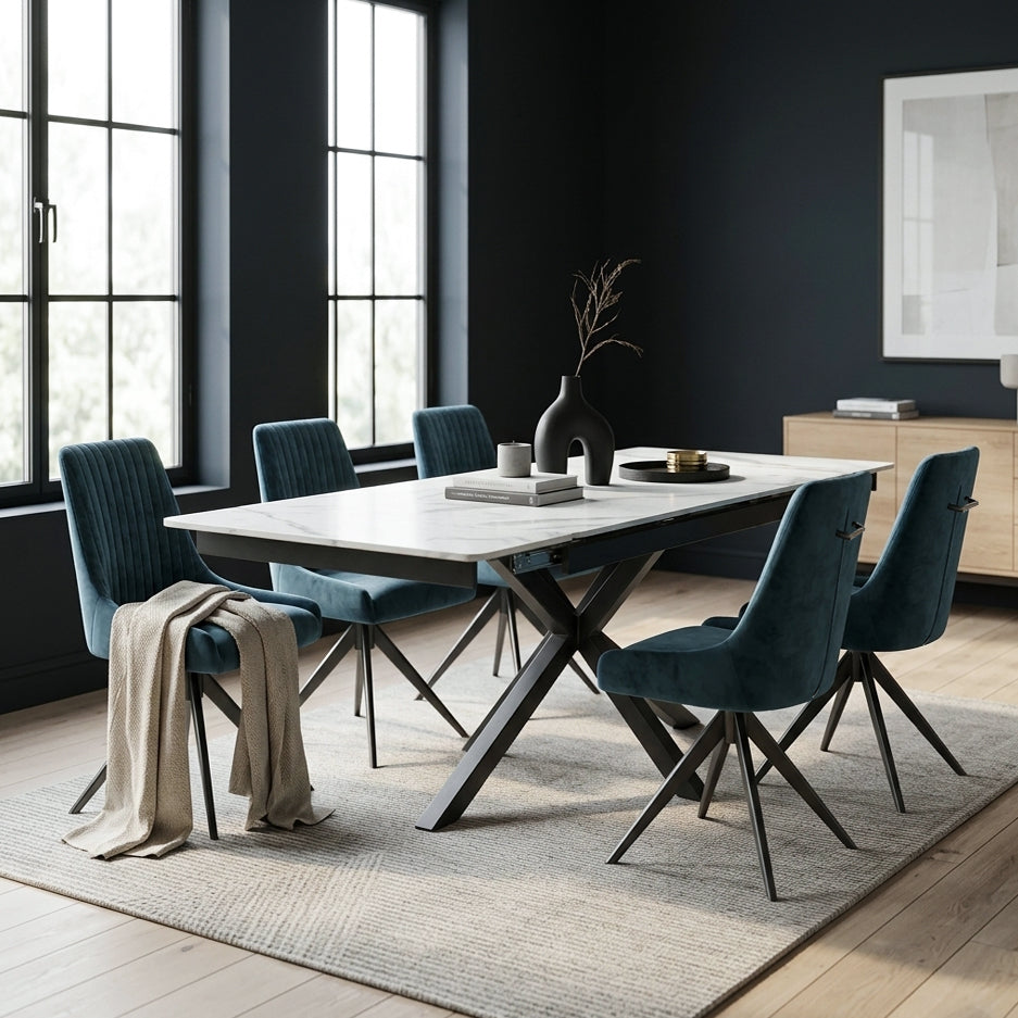 DS-13 .SAVONA WHITE MARBLE EXTENDABLE TABLE  WITH 6 RUSSEL BLUE SWIVEL