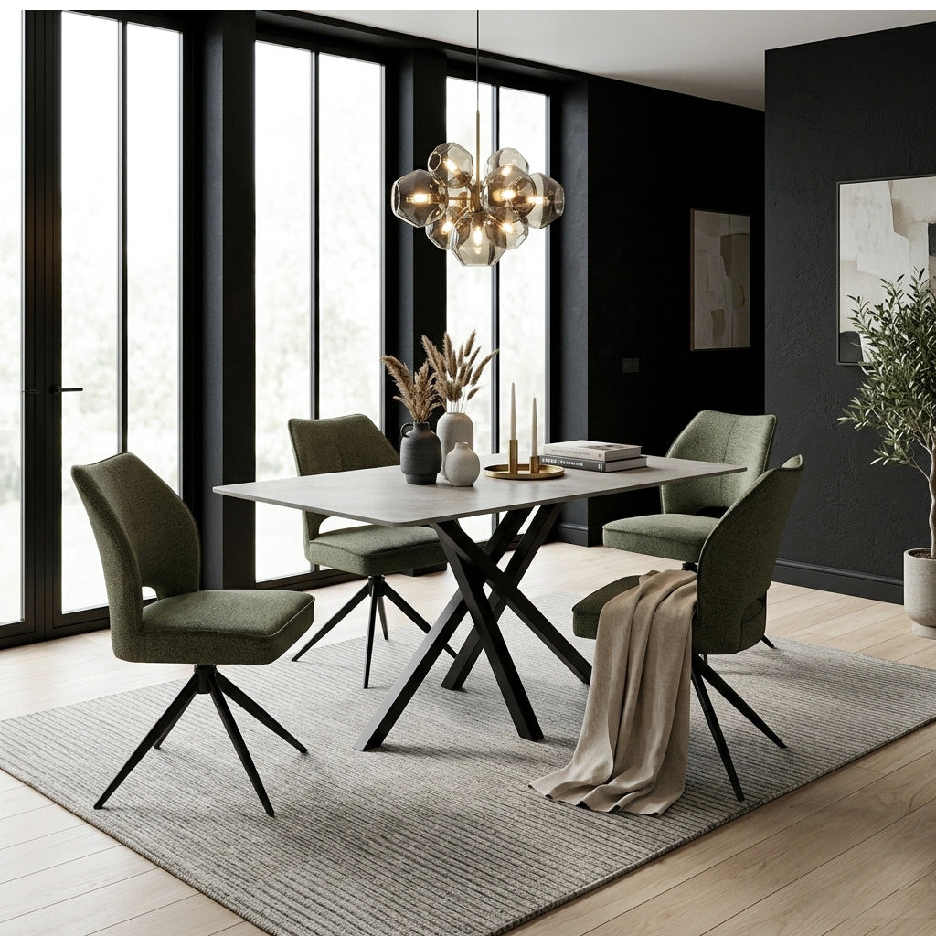 DS-6 .AREZZO GREY WITH 4 TULIP WITHOUT ARM GREEN CHAIRS DINING SET