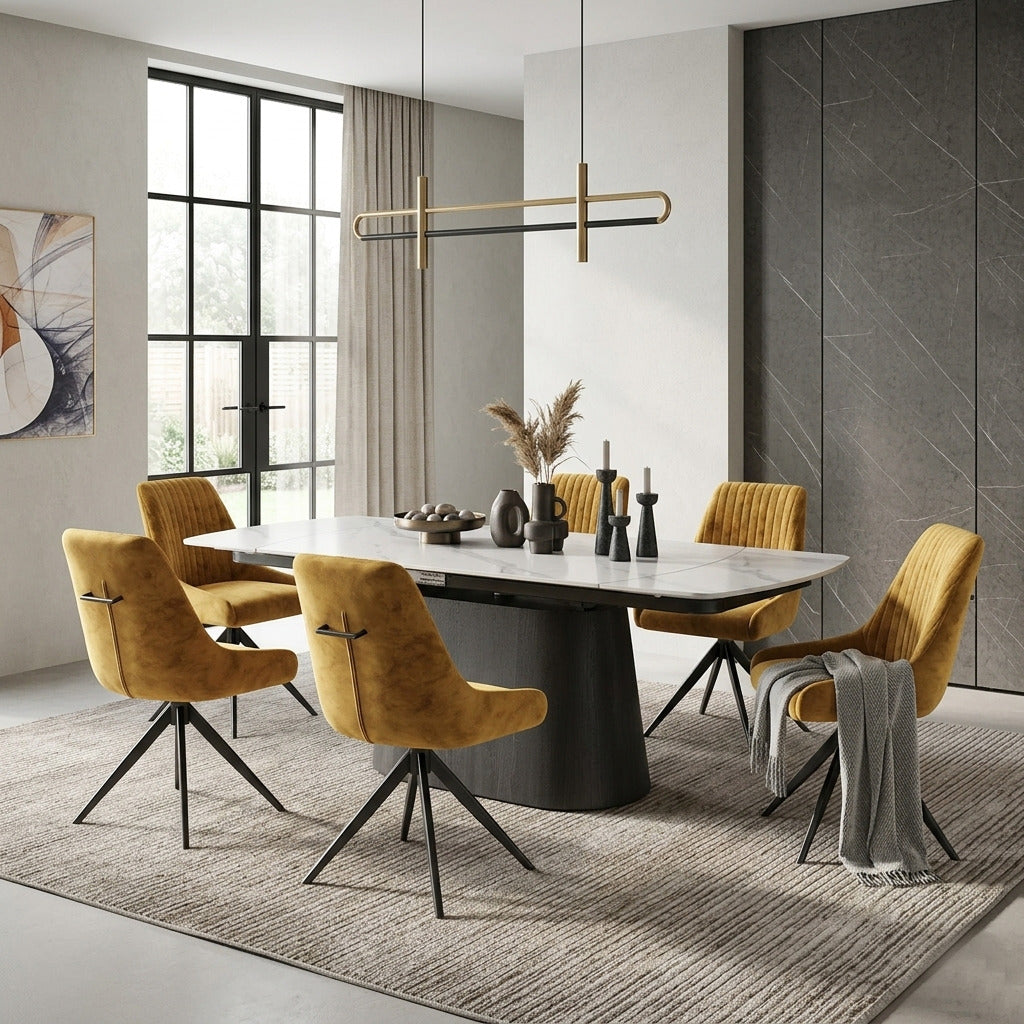 DS-3 .BELLUNO TWIST WHITE TABLE WITH 6 RUSSEL MUSTARD CHAIR