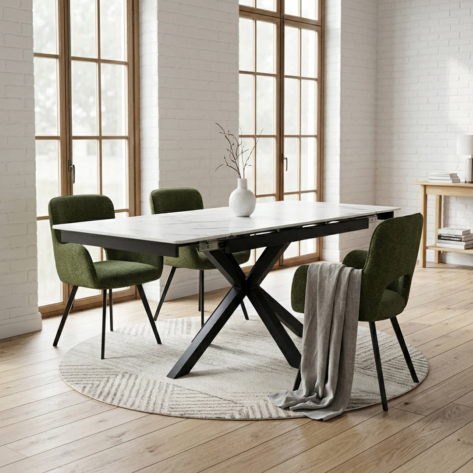 DS-14 .SAVONA WHITE MARBLE EXTENDABLE TABLE  WITH 6 BRUTAS GREEN