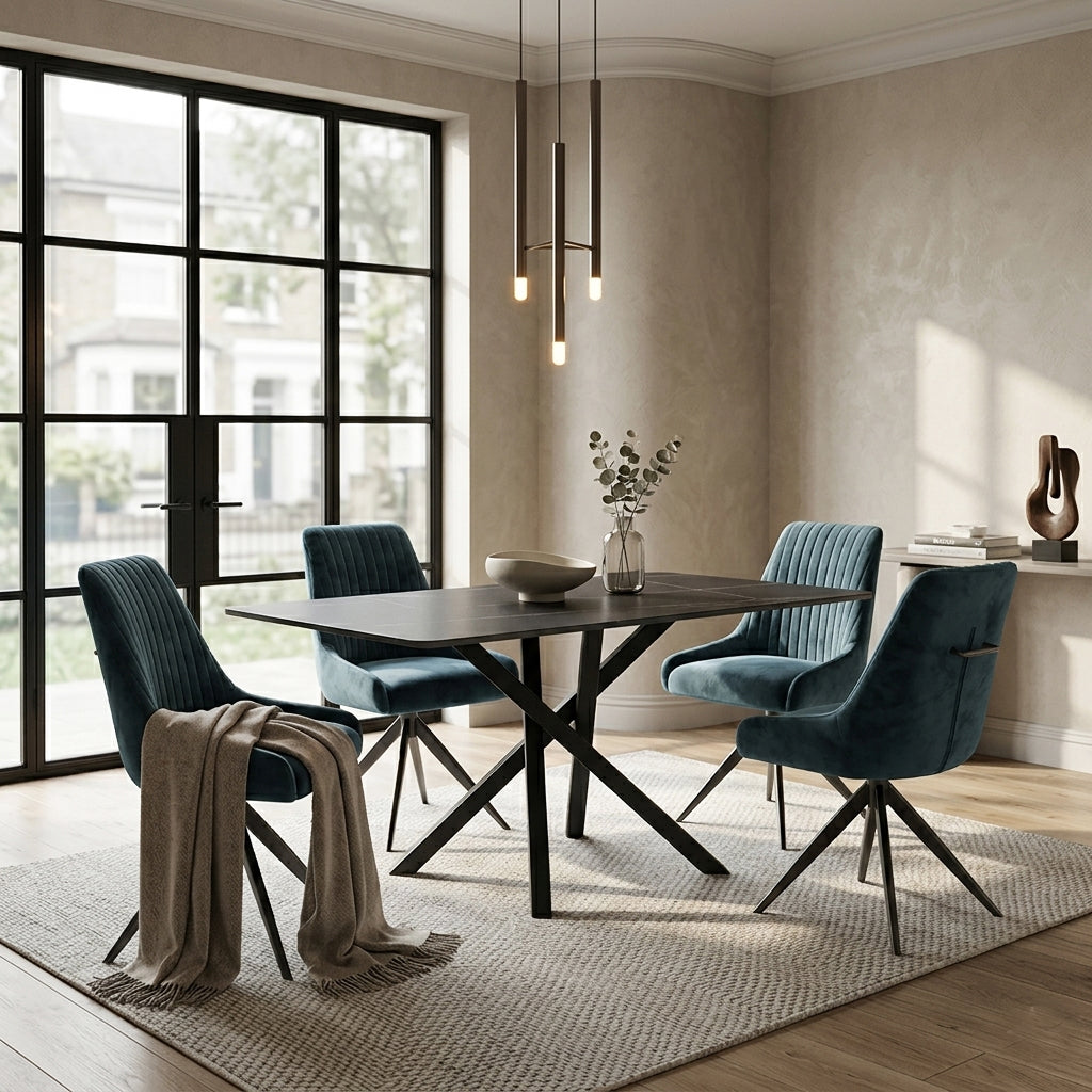 DS-9 .AREZZO GREY WITH 4 RUSSEL BLUE CHAIRS DINING SET