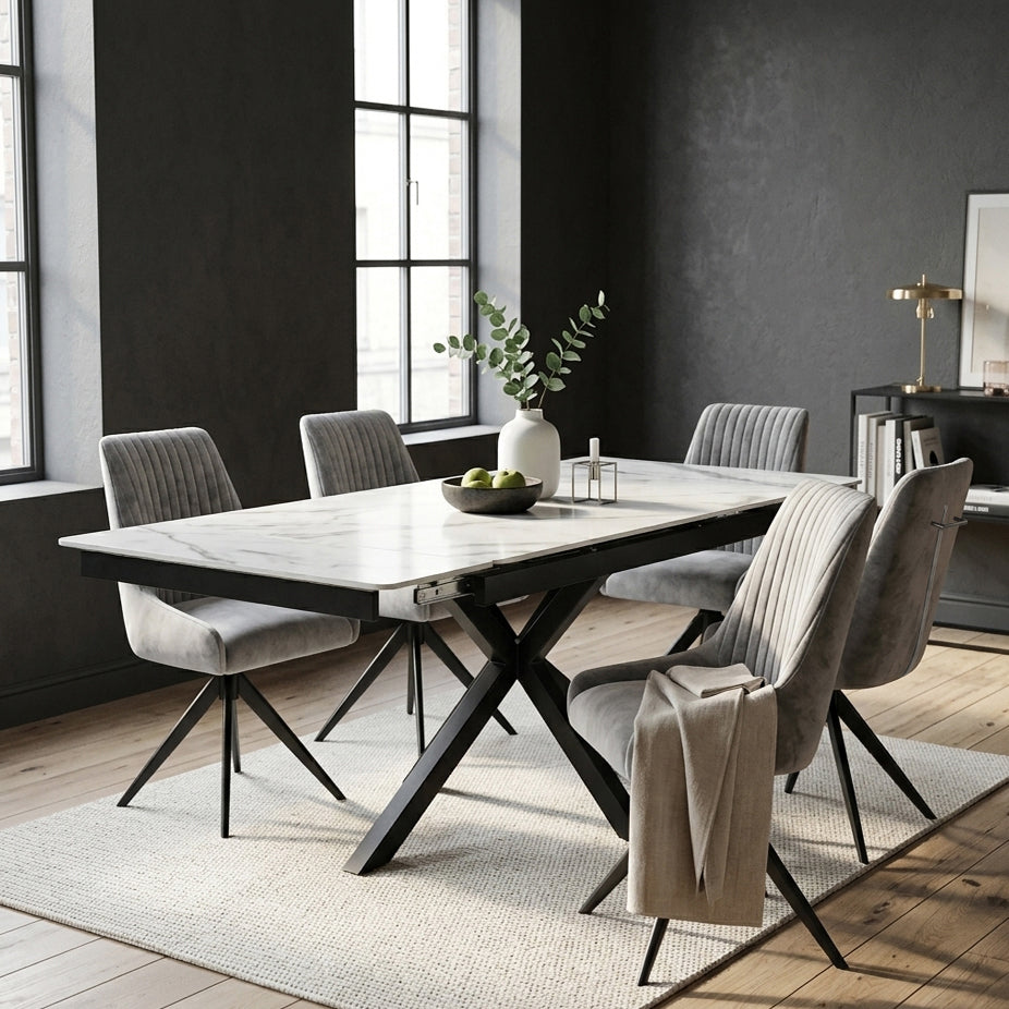 DS-12 .SAVONA WHITE MARBLE EXTENDABLE TABLE  WITH 6 RUSSELGREY SWIVEL