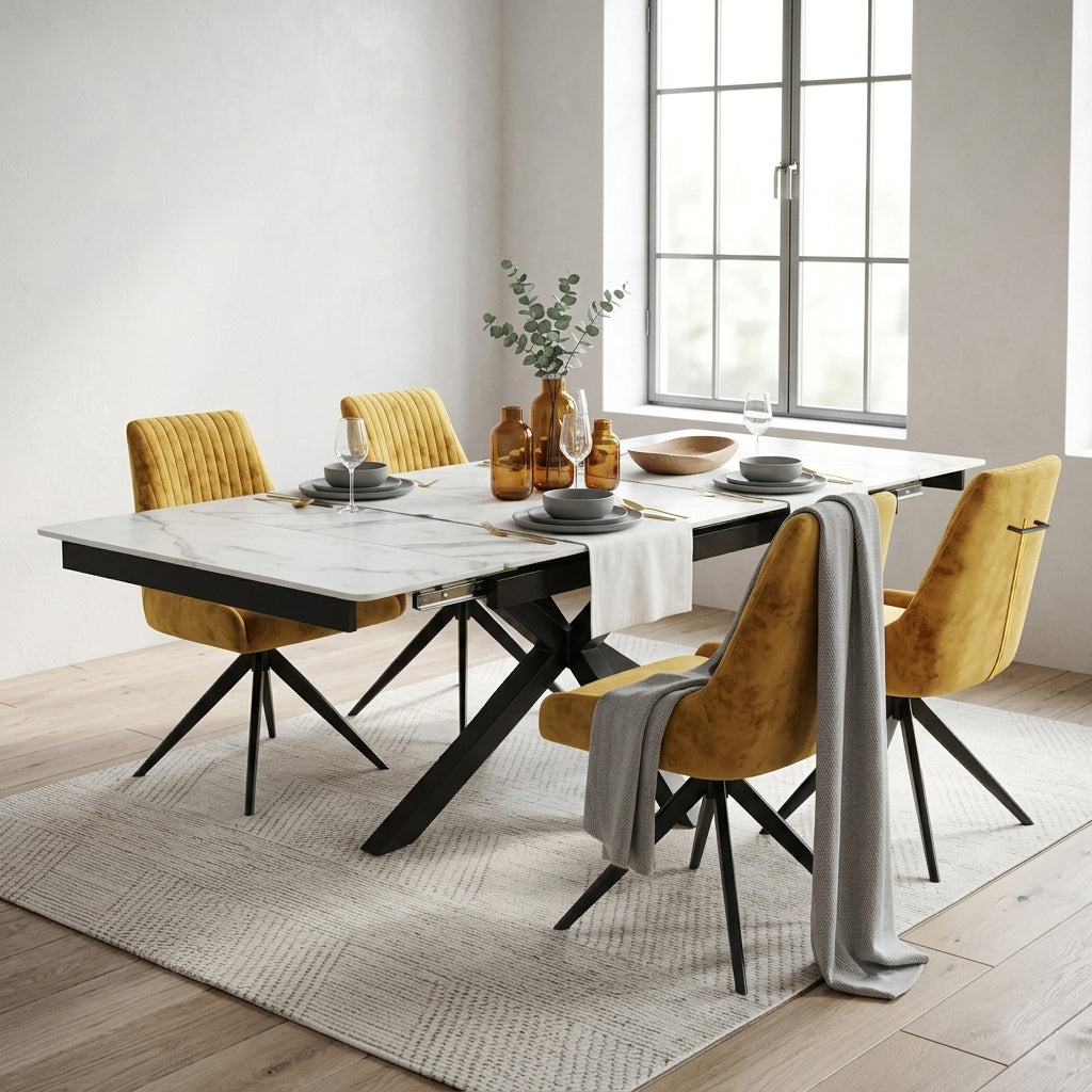 DS-11 .SAVONA WHITE MARBLE EXTENDABLE TABLE  WITH 6 RUSSEL MUSTARD  SWIVEL