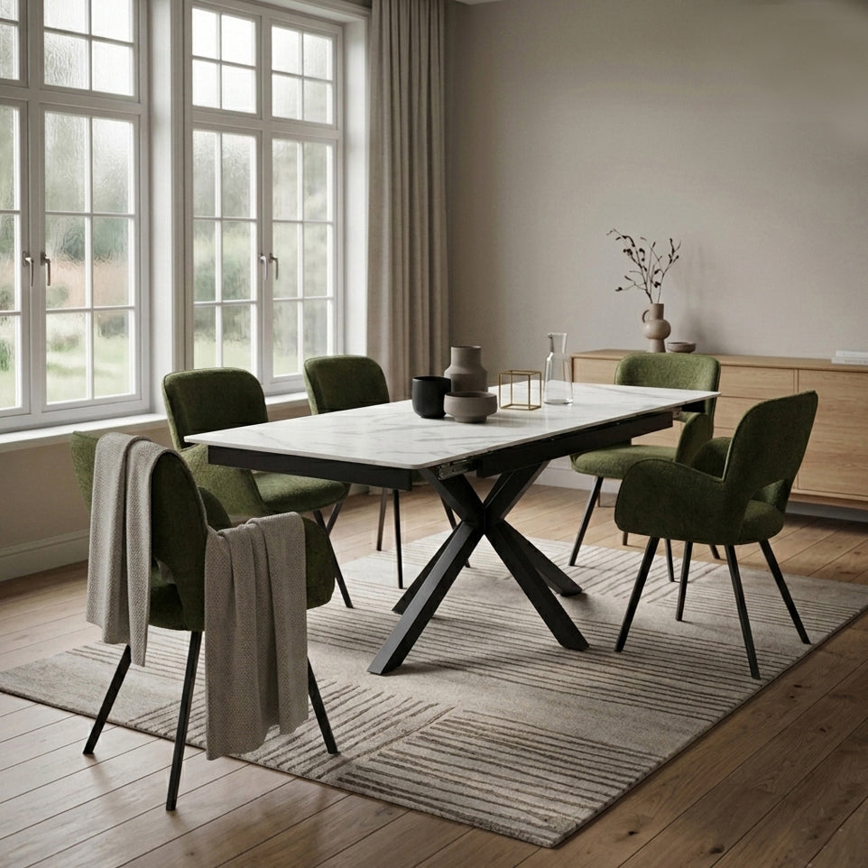 DS-14 .SAVONA WHITE MARBLE EXTENDABLE TABLE  WITH 6 BRUTAS GREEN