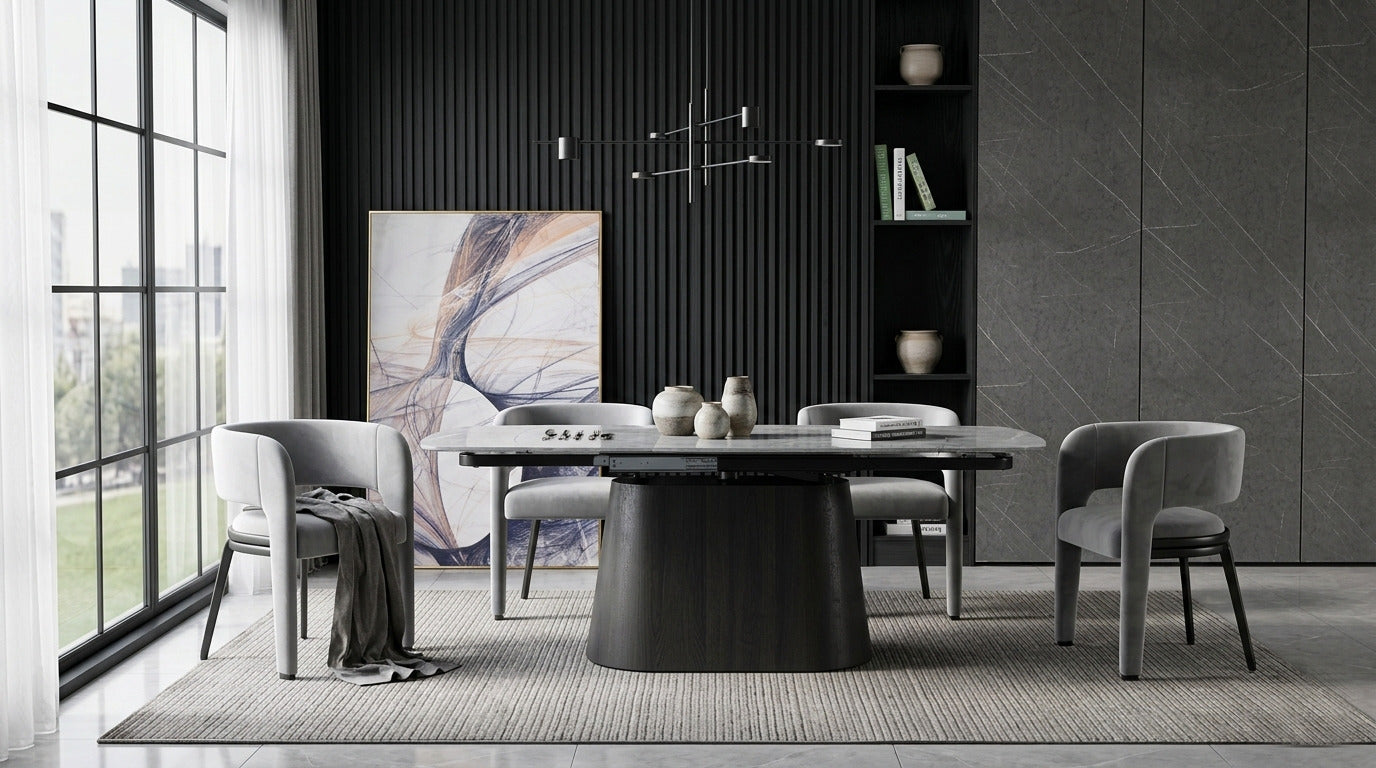 DS-2 .BELLUNO TWIST   GREY TABLE WITH 6 BELLUNO GREY CHAIR