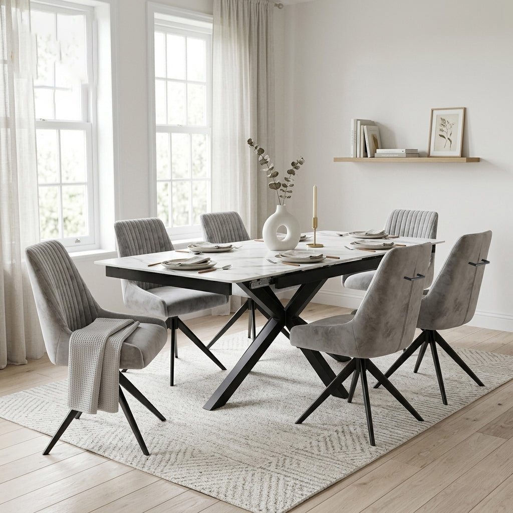 DS-12 .SAVONA WHITE MARBLE EXTENDABLE TABLE  WITH 6 RUSSELGREY SWIVEL
