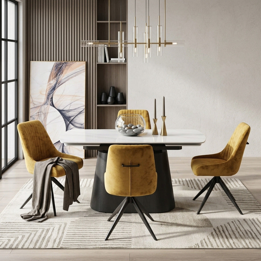 DS-3 .BELLUNO TWIST WHITE TABLE WITH 6 RUSSEL MUSTARD CHAIR