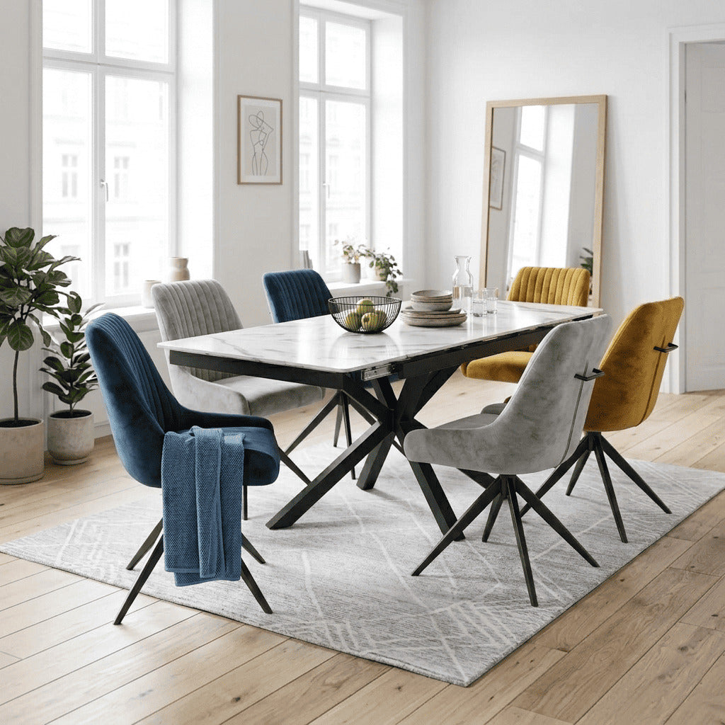 DS-10 .SAVONA WHITE MARBLE EXTENDABLE TABLE  WITH  RUSSEL BLUE , GREY, MUSTARD  SWIVEL