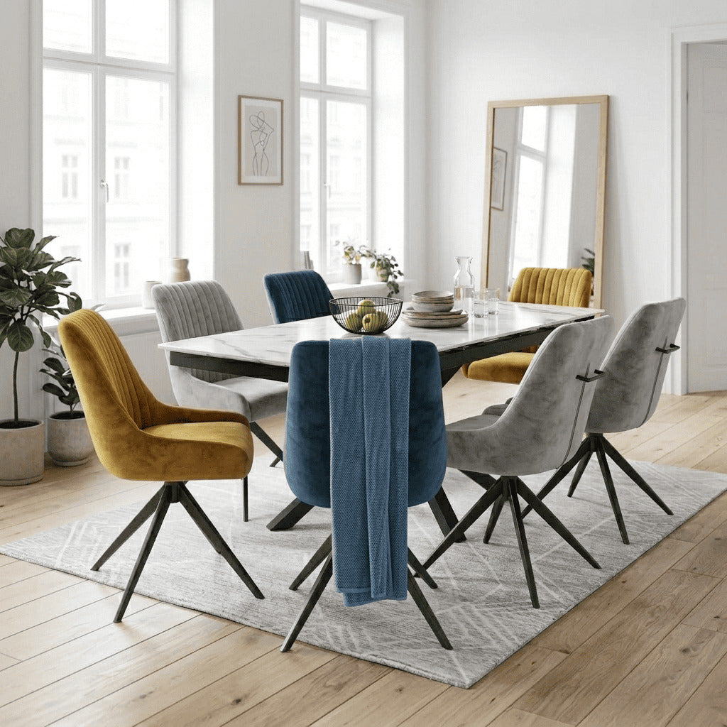DS-10 .SAVONA WHITE MARBLE EXTENDABLE TABLE  WITH  RUSSEL BLUE , GREY, MUSTARD  SWIVEL