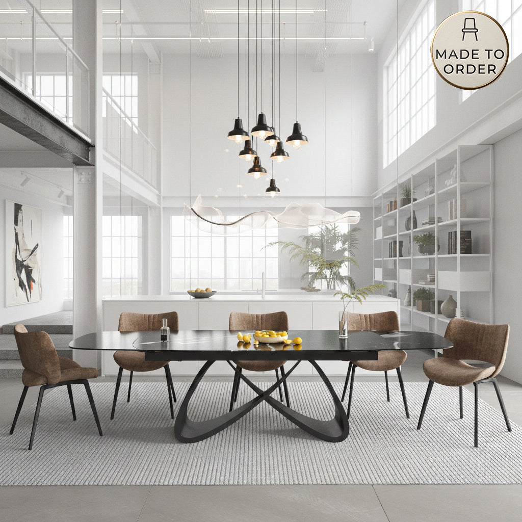 DS-29 .KENSINGTON EXTENDABLE TABLE WITH 6 WINCHESTER CURVE BROWN CHAIR