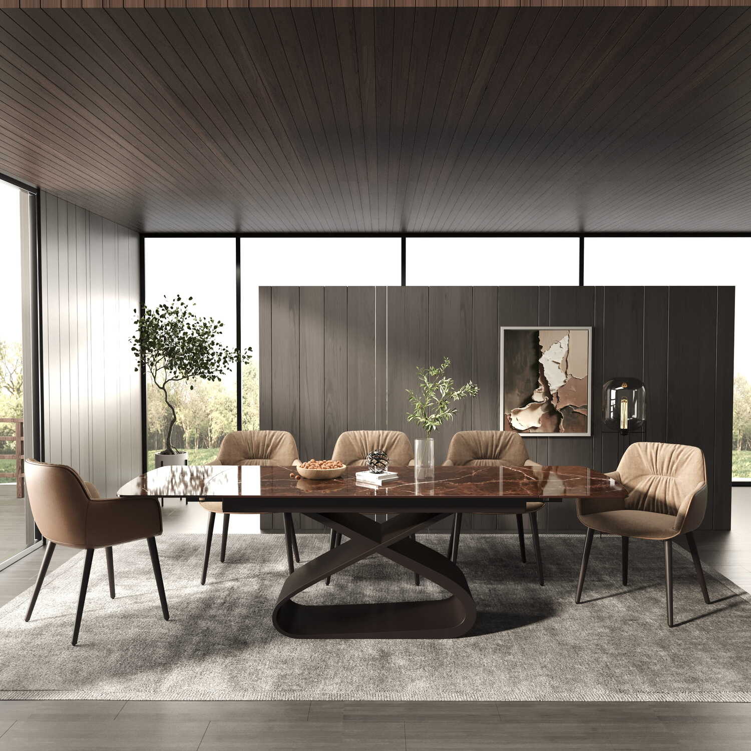 DS-33 .AURELIA SCULPTURAL X BASE(2.4M) TABLE WITH 6 HAMPSTEAD LUXE  BROWN CHAIR