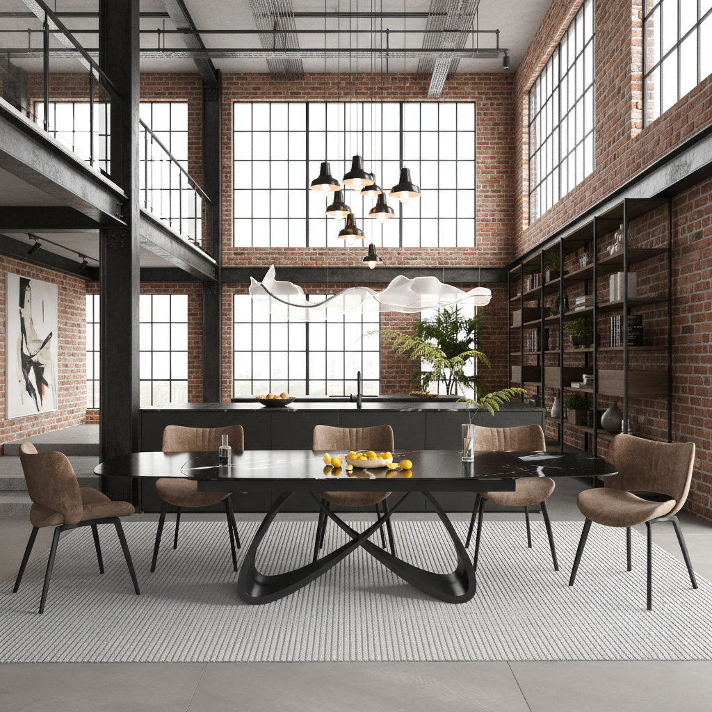 DS-29 .KENSINGTON EXTENDABLE TABLE WITH 6 WINCHESTER CURVE BROWN CHAIR