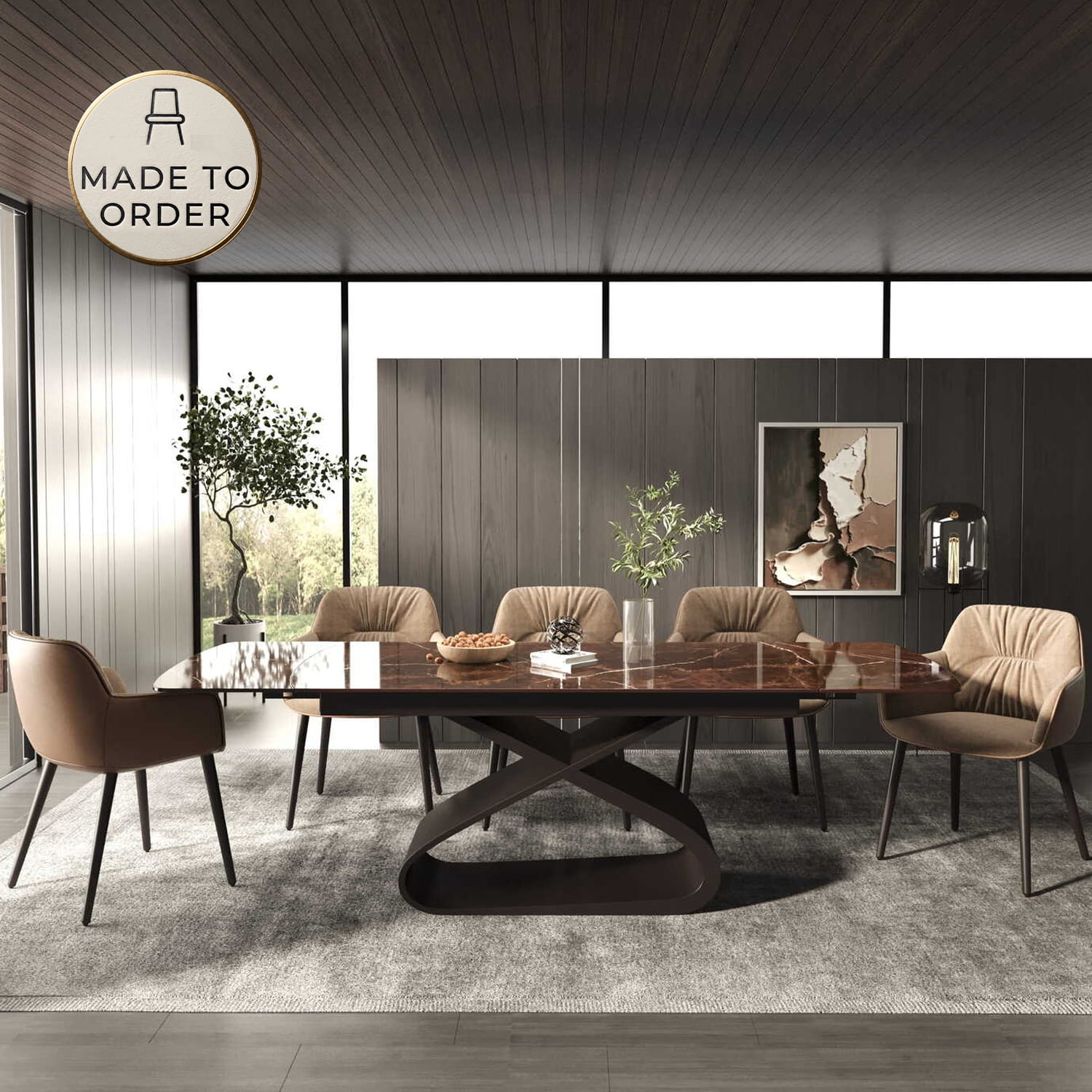 DS-33 .AURELIA SCULPTURAL X BASE(2.4M) TABLE WITH 6 HAMPSTEAD LUXE  BROWN CHAIR