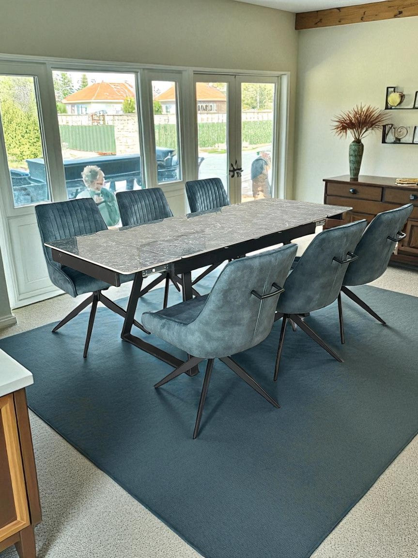 VICENZA DINING TABLE SET GREEN WITH 6 RUSSELL 360 AUTO SPIN CHAIRS GREEN