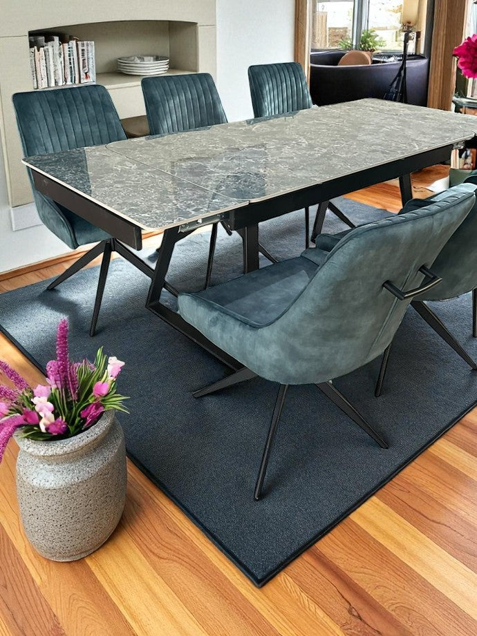 VICENZA DINING TABLE SET GREEN WITH 6 RUSSELL 360 AUTO SPIN CHAIRS GREEN