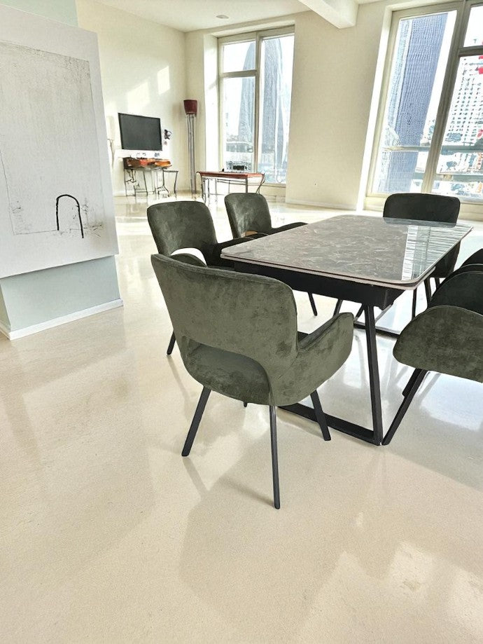 VICENZA DINING TABLE SET GREEN WITH 6 BRUTAS 360 AUTO SPIN CHAIRS GREEN