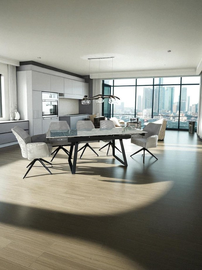 VICENZA DINING TABLE SET GREEN WITH 6 VENEZIA 360 AUTO SPIN CHAIRS WITH ARMREST GREY