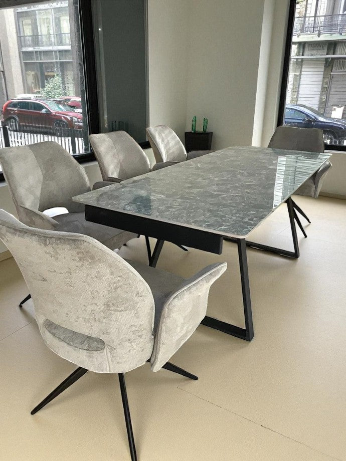 VICENZA DINING TABLE SET GREEN WITH 6 VENEZIA 360 AUTO SPIN CHAIRS WITH ARMREST GREY