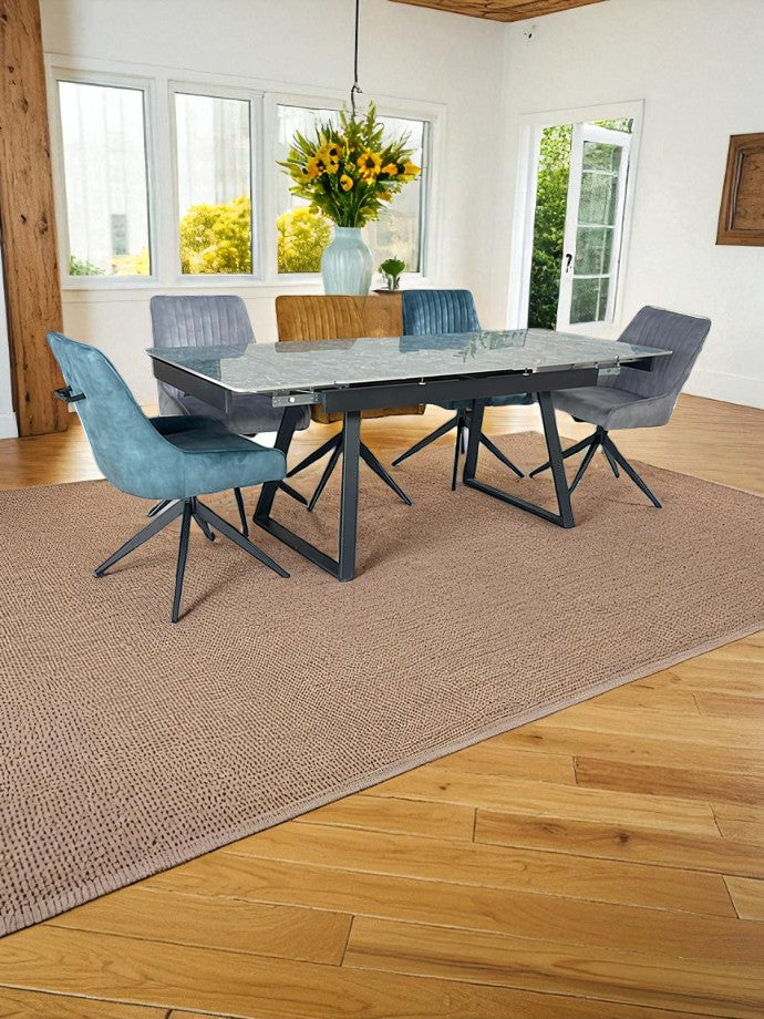 VICENZA DINING TABLE SET GREEN WITH 6 RUSSELL 360 AUTO SPIN CHAIRS MIXED COLOUR