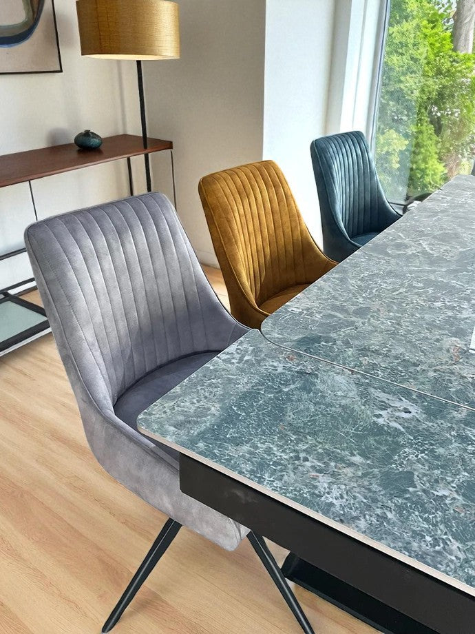 VICENZA DINING TABLE SET GREEN WITH 6 RUSSELL 360 AUTO SPIN CHAIRS MIXED COLOUR