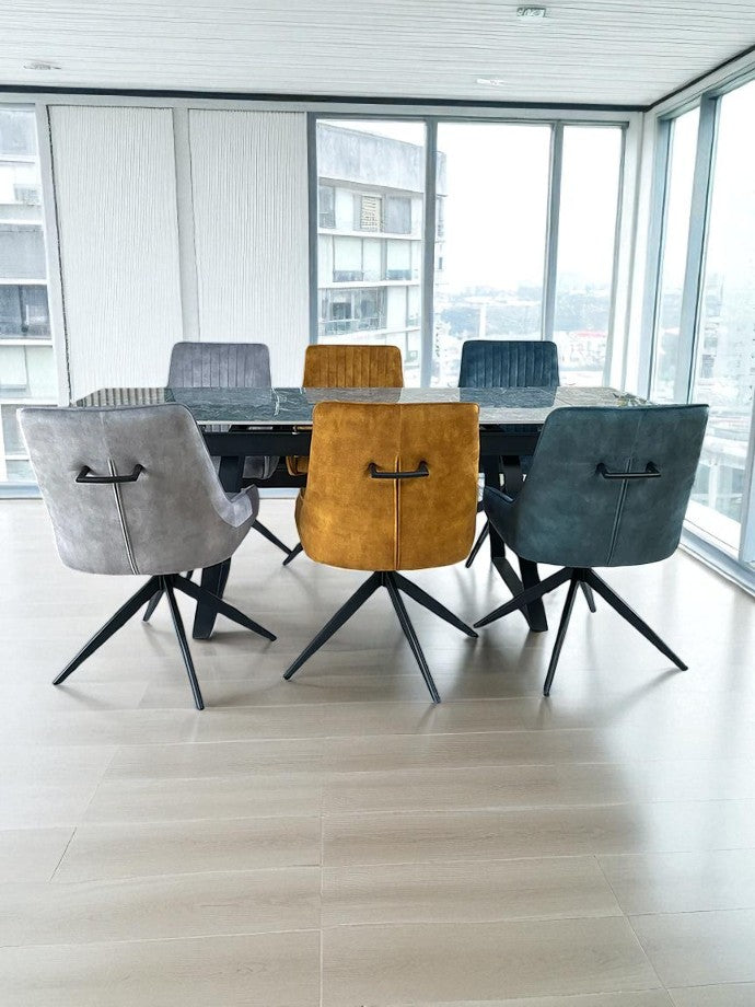 VICENZA DINING TABLE SET GREEN WITH 6 RUSSELL 360 AUTO SPIN CHAIRS MIXED COLOUR