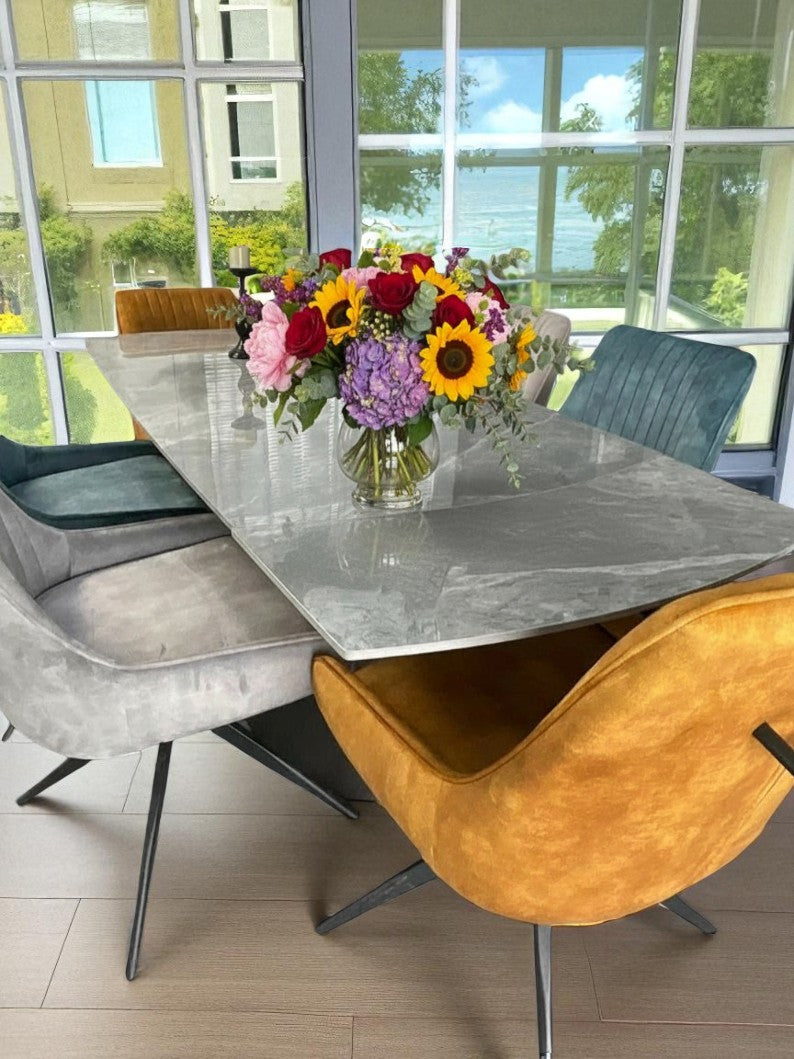 BELLUNO TWIST WOOD GREY WITH 6  RUSSELL MIXED COLOUR CHAIRS DINING SET