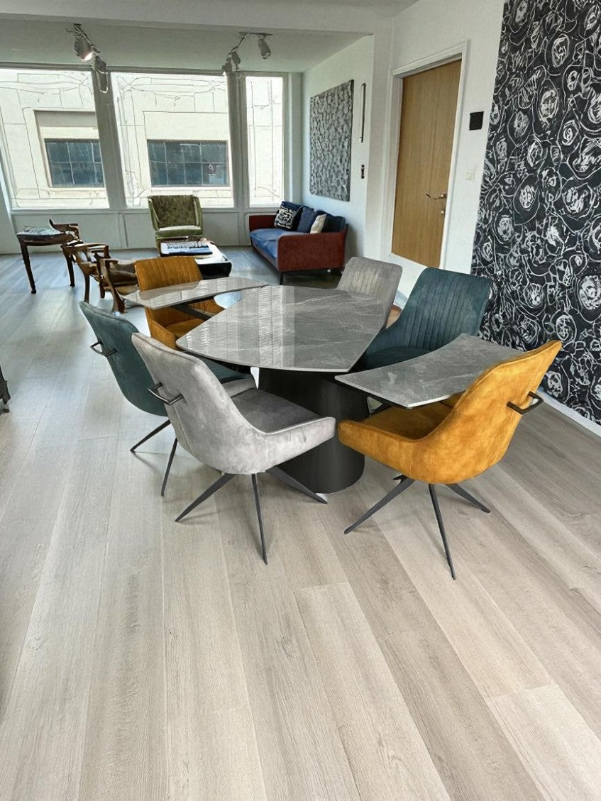 BELLUNO TWIST WOOD GREY WITH 6  RUSSELL MIXED COLOUR CHAIRS DINING SET