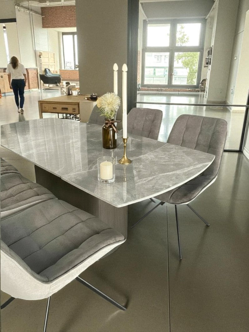 BELLUNO TWIST WOOD GREY WITH 6  LARKIN GREY 360 AUTO SPIN CHAIR DINING SET