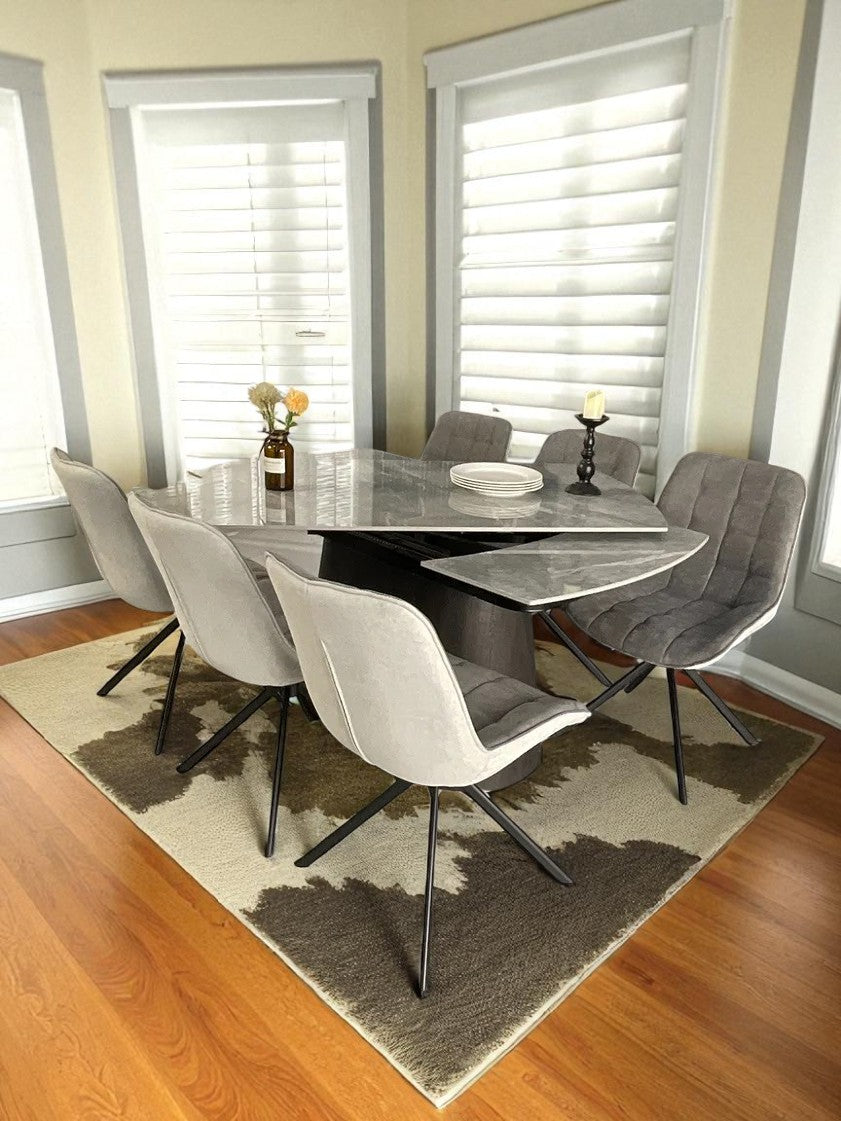 BELLUNO TWIST WOOD GREY WITH 6  LARKIN GREY 360 AUTO SPIN CHAIR DINING SET